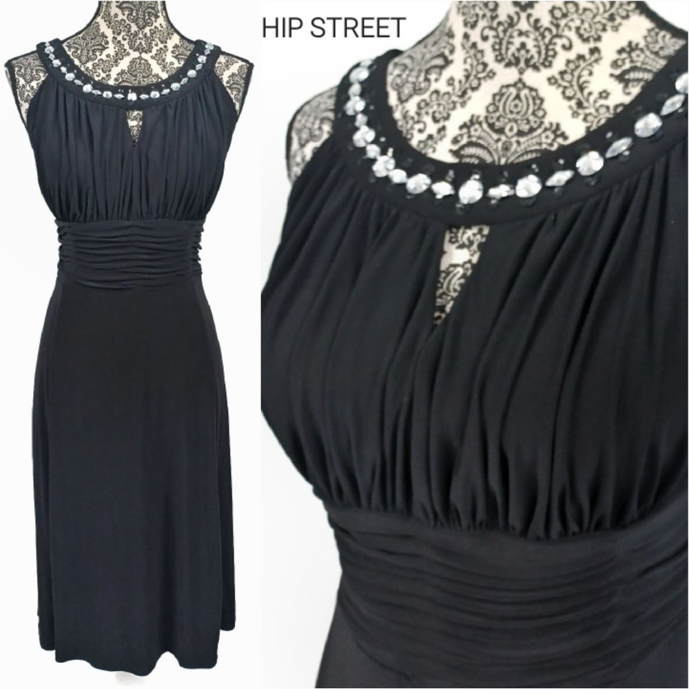 DRESSBARN COLLECTION Dress Jeweled Neck High Ruched Waist Stretch Party Midi 12